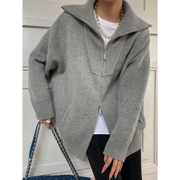 Commense Oversized Gray Knit Zip Up Cardigan Sweater Collared Long Sleeve Size S - Picture 1 of 7